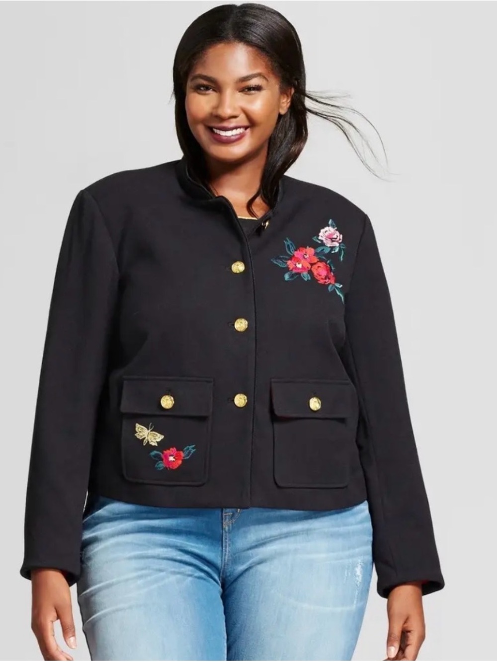 A New Day Black Floral Embroidered Button-Front Jacket with Red Lining.